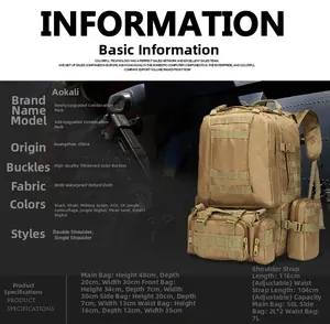 Detailed technical diagram of 45L tactical backpack dimensions and components in khaki