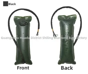 Front and back view of 3L green tactical hydration bladder with black drinking tube
