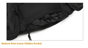Close-up of tactical backpack bottom showing the hidden zipper pocket with a rain cover
