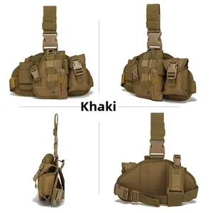 Tactical leg bag in tan nylon featuring multi-angle views and adjustable buckle straps