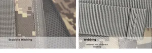 Macro detail of desert camo tactical backpack with reinforced stitching and thick webbing