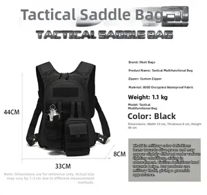 Detail view of 800D waterproof fabric and MOLLE system on black tactical backpack