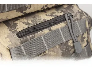 Detail of durable tactical backpack featuring digital camouflage and premium zipper