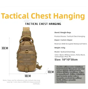 Tactical chest bag detail showing 18x10x30cm dimensions and waterproof oxford fabric