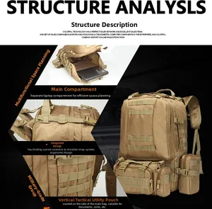 Detail view of 45L khaki tactical backpack with modular pouches and laptop compartment