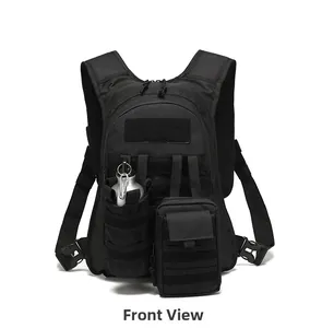 Detailed front view of tactical backpack showing MOLLE webbing and water bottle attachment