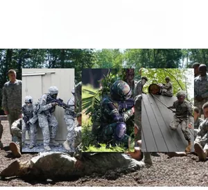 Tactical camouflage gear set showing durable nylon uniform and protective equipment details