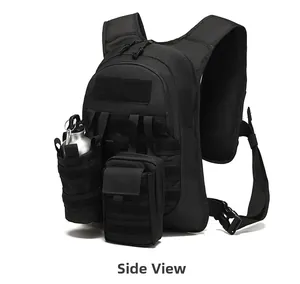 Side view of black tactical outdoor backpack with MOLLE system and aluminum water bottle