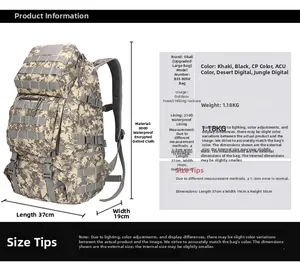 Detailed dimensions and 800D waterproof Oxford fabric specs for tactical camouflage backpack