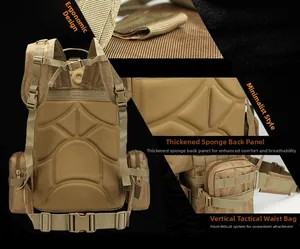 Detail of 45L tactical backpack featuring breathable sponge back panel and MOLLE system