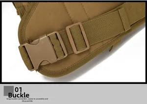 Detailed close-up of the tactical buckle and adjustable coyote tan nylon webbing strap