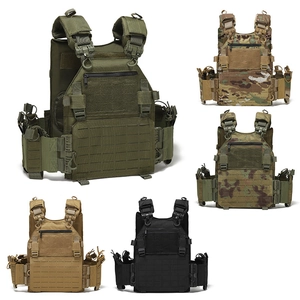 Tactical vest with MOLLE system in multiple colors like khaki, black and camo patterns