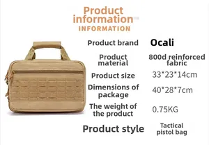 Detailed view of tactical handgun bag specifications with 800D reinforced fabric texture