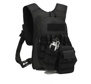 Tactical black outdoor backpack detail showing the MOLLE system and side water bottle pouch