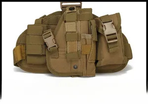 Detail of khaki tactical Molle pouch with modular pockets and adjustable buckle straps
