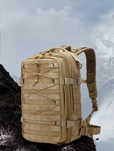 Close-up of khaki tactical backpack with Molle system and breathable mesh shoulder straps