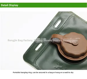 Detail of army green 3L TPU water bladder with screw cap and hanging fixed plate