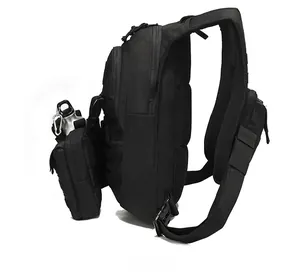 Tactical black backpack side view with MOLLE system webbing and metal water bottle attachment