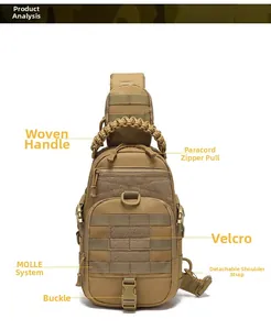 Detail view of khaki tactical chest bag featuring MOLLE system and paracord zipper pulls