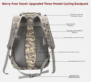 Rear view of camouflage tactical backpack with breathable mesh back and MOLLE system
