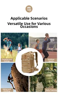 Tactical backpack showing versatile use for hiking, basketball, climbing and training