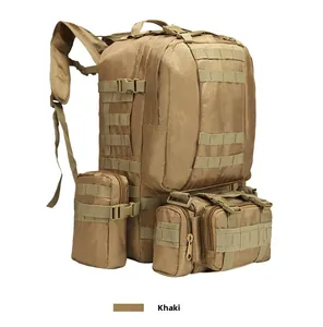 Detail of 45L khaki tactical backpack with MOLLE system and detachable pouches