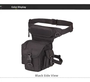 Side view of black tactical drop leg bag featuring waterproof oxford cloth and side pockets