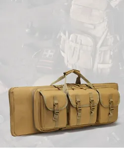 Detail view of khaki tactical backpack featuring three snap-fastened external accessory pockets