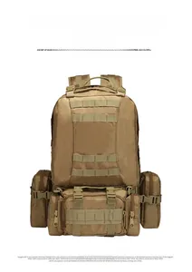 Detail of 45L tactical backpack with khaki nylon material and MOLLE webbing system