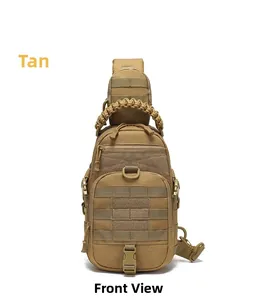 Detailed front view of TAN tactical chest bag with MOLLE system and woven handle