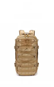 Front view of khaki tactical backpack featuring MOLLE system and bungee cord storage