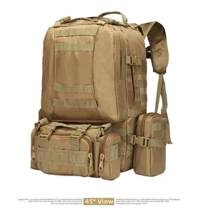 Detail view of khaki 45L tactical backpack with MOLLE system and modular pockets