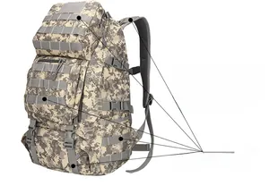 Detailed view of tactical camo backpack featuring heavy-duty MOLLE webbing and side buckles