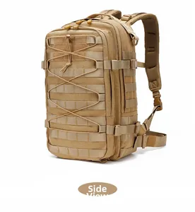 Tactical backpack side view showing MOLLE system and thick breathable shoulder straps