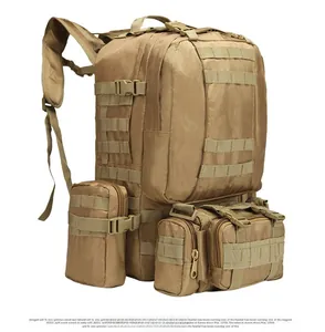 45-degree side view of 45L tactical backpack with MOLLE system and detachable pouches