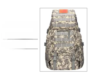 Detail view of tactical camouflage outdoor backpack featuring multi-layer storage compartments