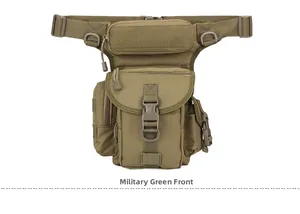 Front view of army green tactical leg bag showing durable oxford fabric and utility buckles