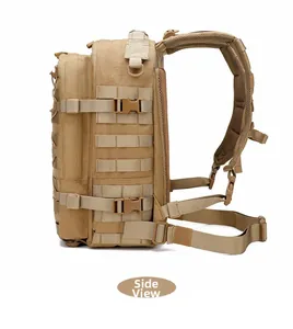 Side view of khaki tactical backpack featuring MOLLE webbing system and breathable mesh back