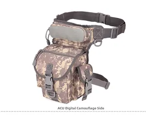 Side view of waterproof ACU digital camouflage tactical leg bag with adjustable straps