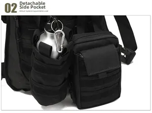 Detail of black tactical MOLLE pouches with detachable water bottle holder and tool bag