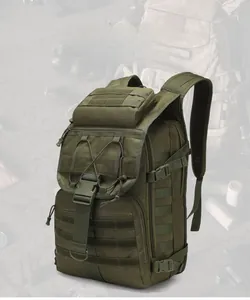 Close-up of olive drab 55L tactical backpack with MOLLE webbing and durable nylon fabric