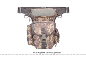 Front view of ACU digital camo tactical drop leg bag with multi-pocket storage and D-rings