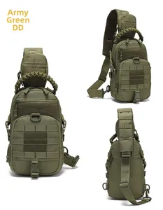 Macro detail of military green tactical chest bag showing MOLLE webbing and D-rings