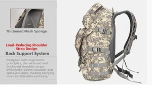 Detail of digital camouflage tactical backpack showing thick mesh sponge straps and ergonomics