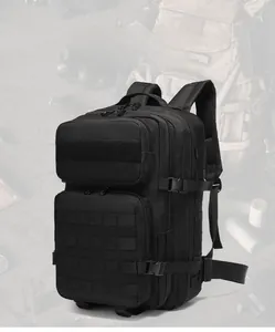 Detailed view of black tactical backpack with MOLLE webbing and multi-layer storage compartments