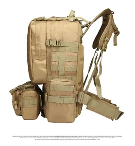 Detail of khaki tactical 45L backpack showing MOLLE system and ergonomic straps