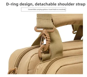 Close-up of tactical bag showing D-ring hardware and detachable padded shoulder strap detail