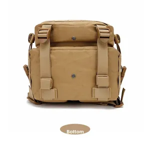 Detailed bottom view of tan tactical backpack featuring durable nylon and buckles