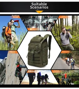 Army green tactical 55L backpack details showing versatile usage for hiking and travel