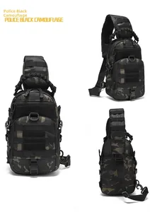 Detail view of Oxford cloth tactical chest bag with MOLLE webbing in police black camo